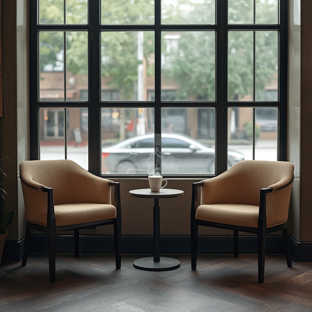 A cozy coffee shop interior with two empty armchairs arranged facing each other beside a window with soft natural light and a steaming cup on the small table between them